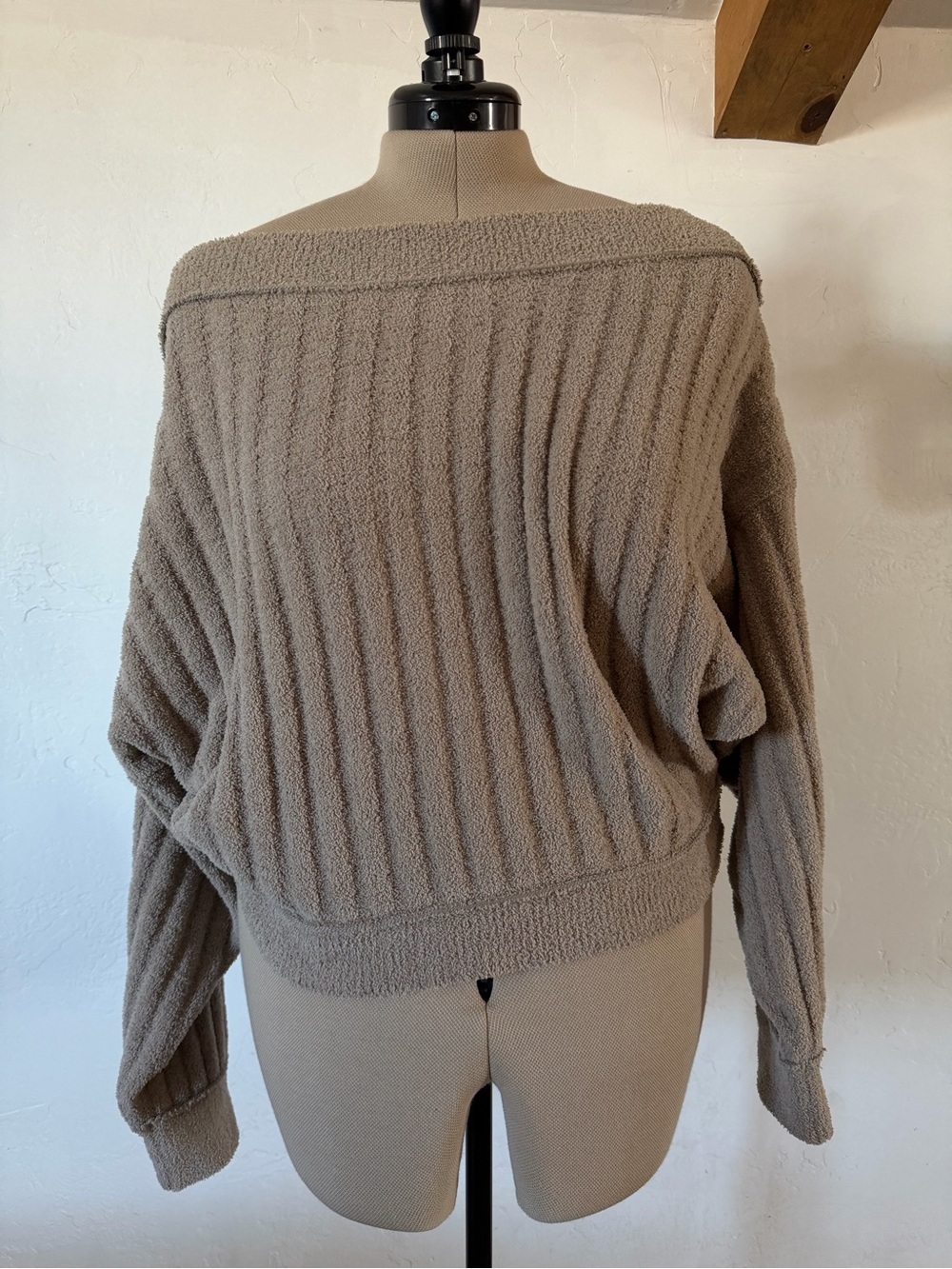 Free People Taupe Off-the-Shoulder Ribbed Sweater